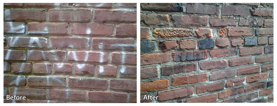 Before and after pressure washing a wall with graffiti in Doylestown