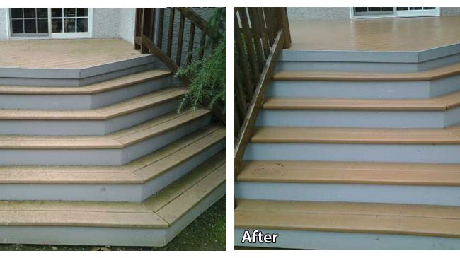 before and after power washing the steps