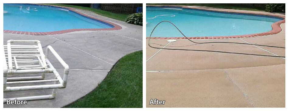 Before and after power washing a pool deck in Langhorne PA