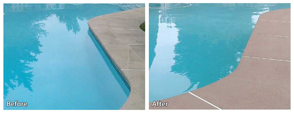 Before and after power washing a pool deck in Warrington