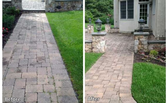 Before and after pressure washing a walkway in Plymouth Meeting