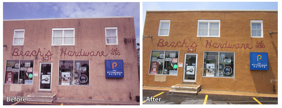 Stucco Hardware Store Before and After Pressure Washing