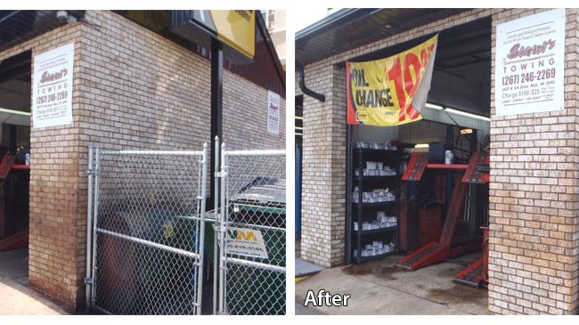 Before and after pressure washing an auto garage