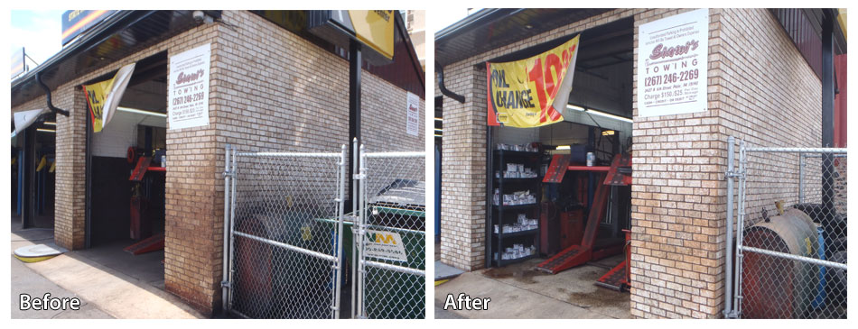 Before and after pressure washing an auto garage
