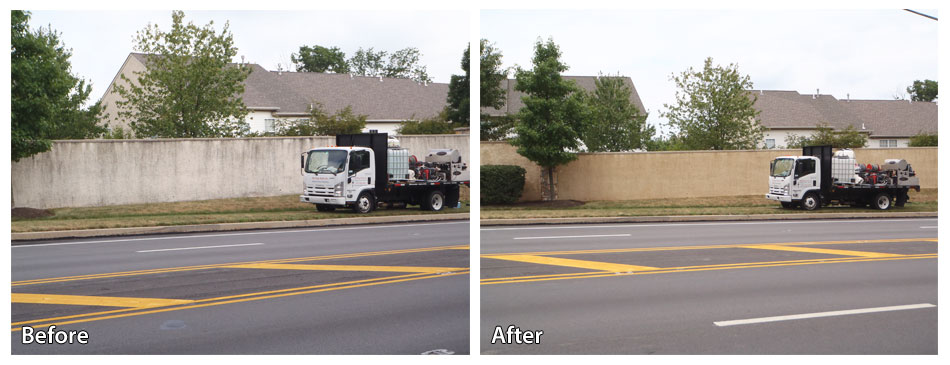 Before and After Power Washing a Stucco Barrier