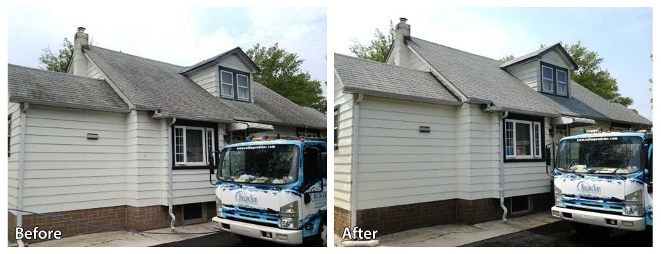 before and after gently pressure washing a roof