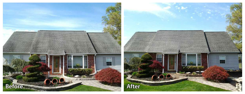 Before and after pressure washing the roof on a rancher home