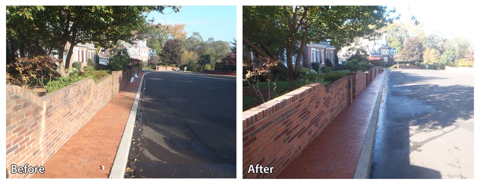 Before and after power washing a brick sidewalk