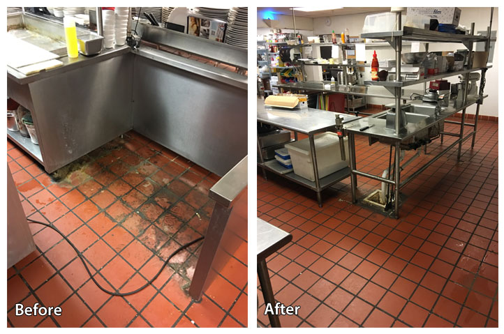 before and after pressure washing the floor in a commercial kitchen