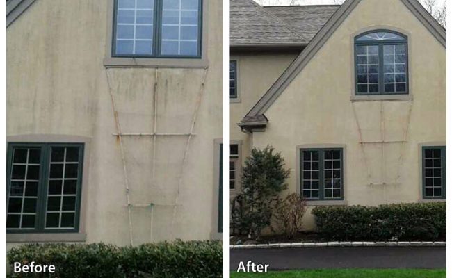 before and after pressure washing a stucco home