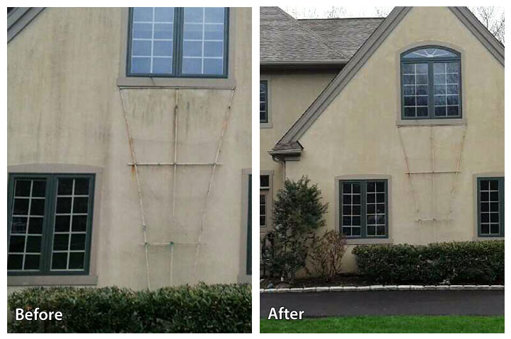 before and after pressure washing a stucco home