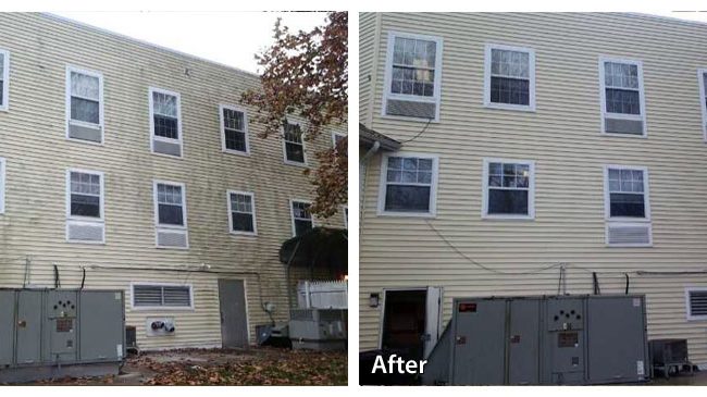 yellow apartment building before and after pressure washing