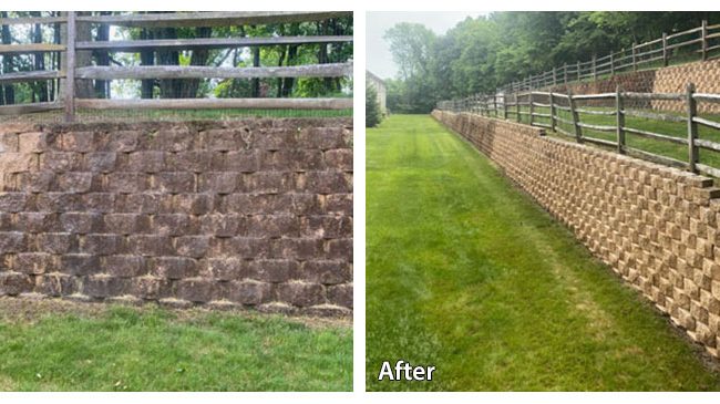 Retaining Wall Before and After Pressure Washing