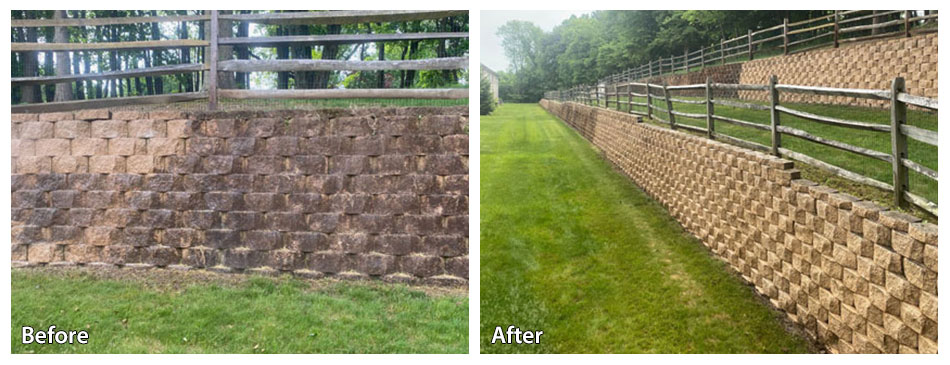 Retaining Wall Before and After Pressure Washing